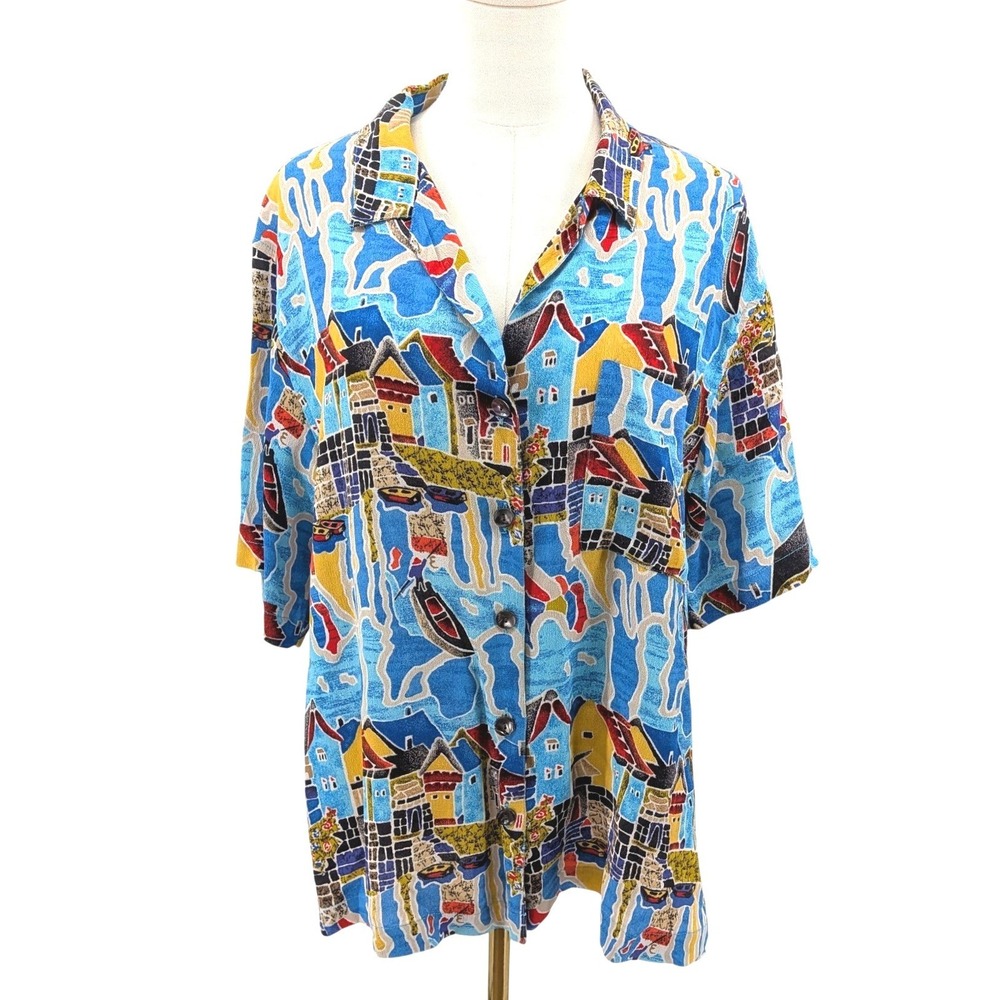 Chico's Design Rayon Button Front Blouse Coastal Print Blue Art Size‎ 2